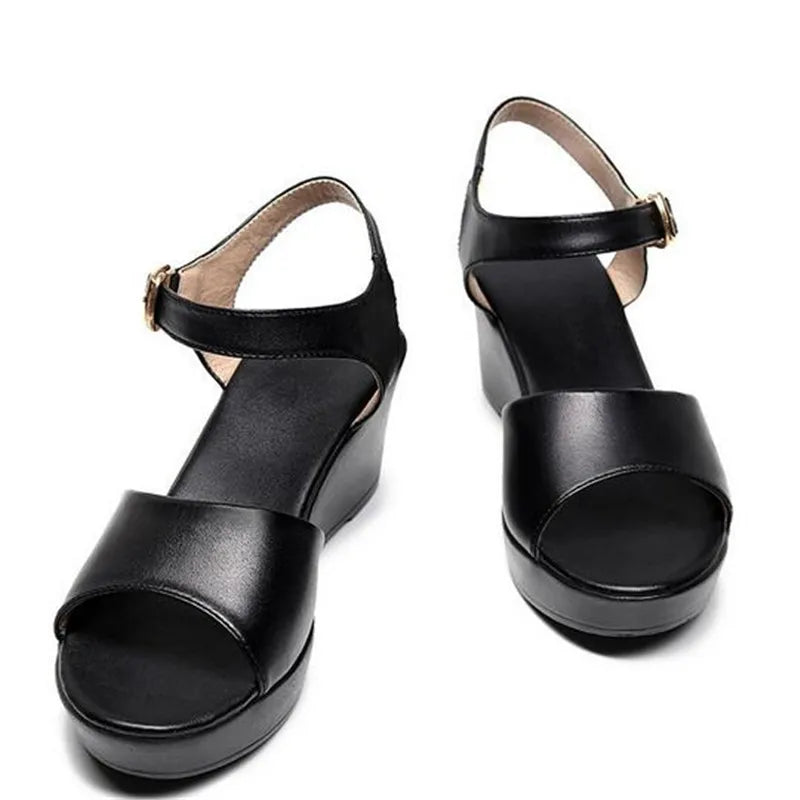 BEYARNENew Black White Fish Mouth Genuine Leather Sandals Wedges Platform High Heeled Sandals6 / 8 / 11Cm Big Size Women Sandals
