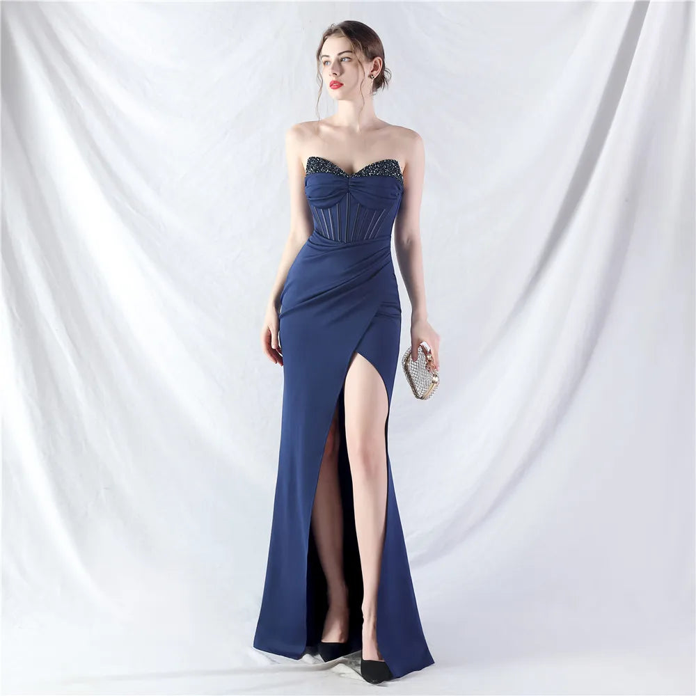 High-End Empire Waistline Fishbone Bead Mold Evening Dress Beach Silhouette Cashmere Satin Floor-Length with Bow Collar
