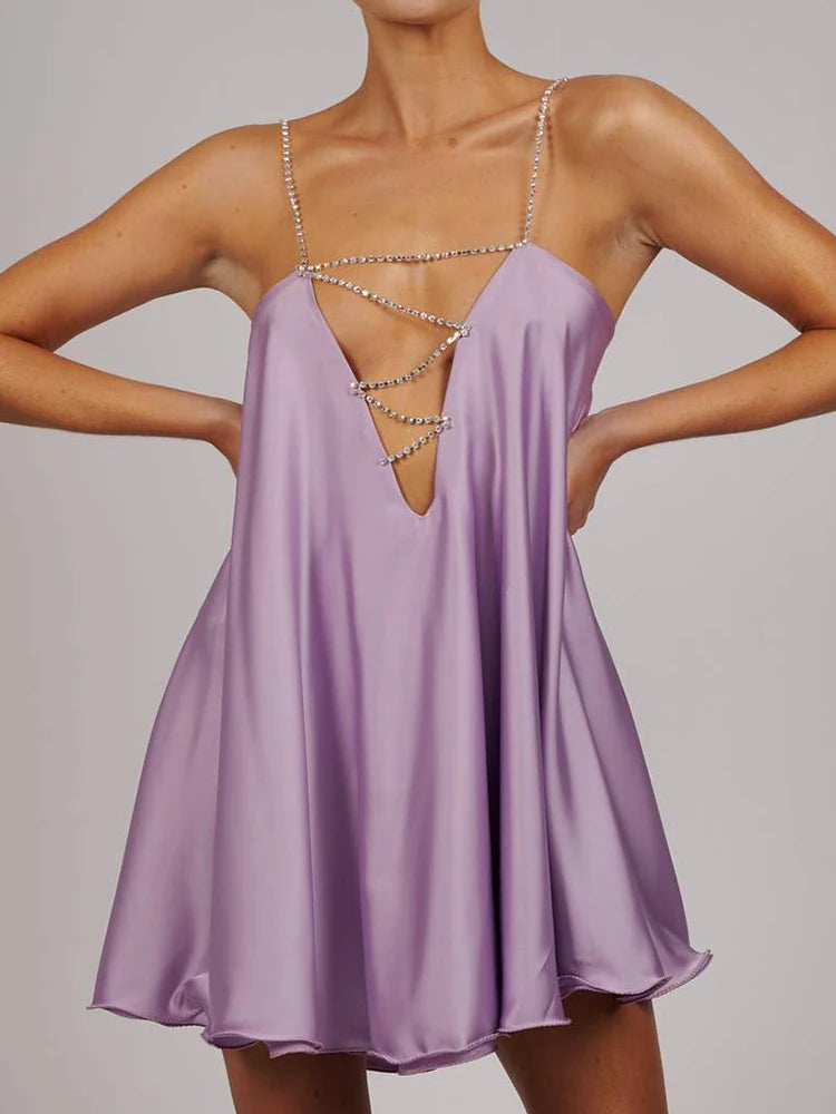 Diamond Chain Satin Swing Dress – Women’s Low Back Party & Club Dress with Crystal Straps