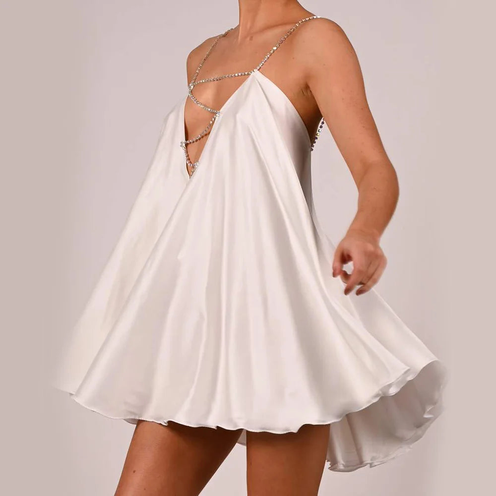 Diamond Chain Satin Swing Dress – Women’s Low Back Party & Club Dress with Crystal Straps