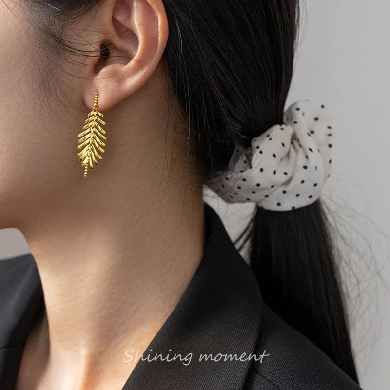 Popular Korean Style 925 Sterling Silver Long Tassel Leaves Drop Earrings for Women