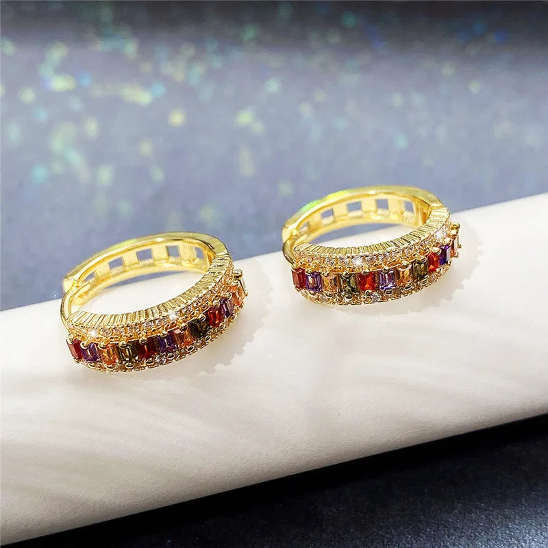 Huitan Gold Color Hoop Earrings for Women Luxury Inlaid Rainbow Cubic Zirconia Modern Girls Fashion Ear Accessories Hot Jewelry