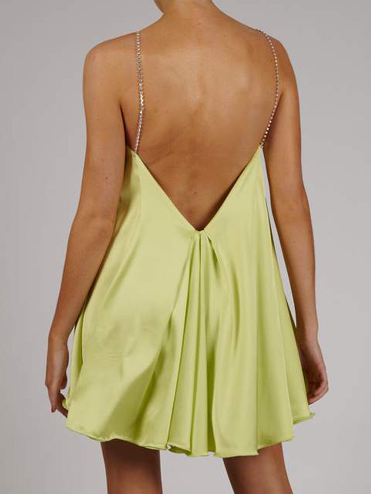 Diamond Chain Satin Swing Dress – Women’s Low Back Party & Club Dress with Crystal Straps