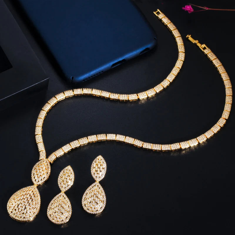 Luxury Big Water Drop Women Party Earrings and Necklace African Dubai Gold Plated Wedding Costume 4pcs Sets Jewelry Accessories