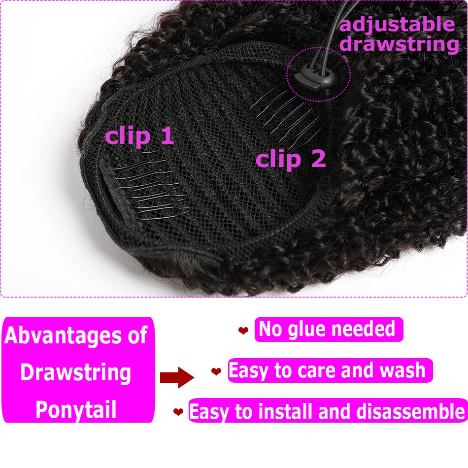 Afro Kinky Curly Drawstring Ponytail Human Hair Extension 4B 4C Remy 10-28inch Long Clip In Ponytail Extension