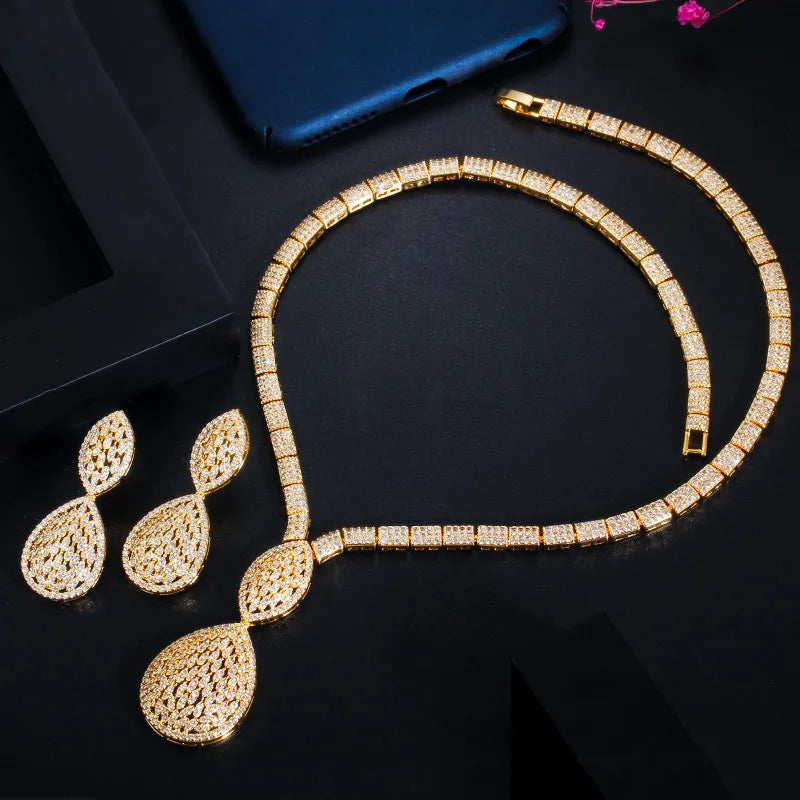 Luxury Big Water Drop Women Party Earrings and Necklace African Dubai Gold Plated Wedding Costume 4pcs Sets Jewelry Accessories