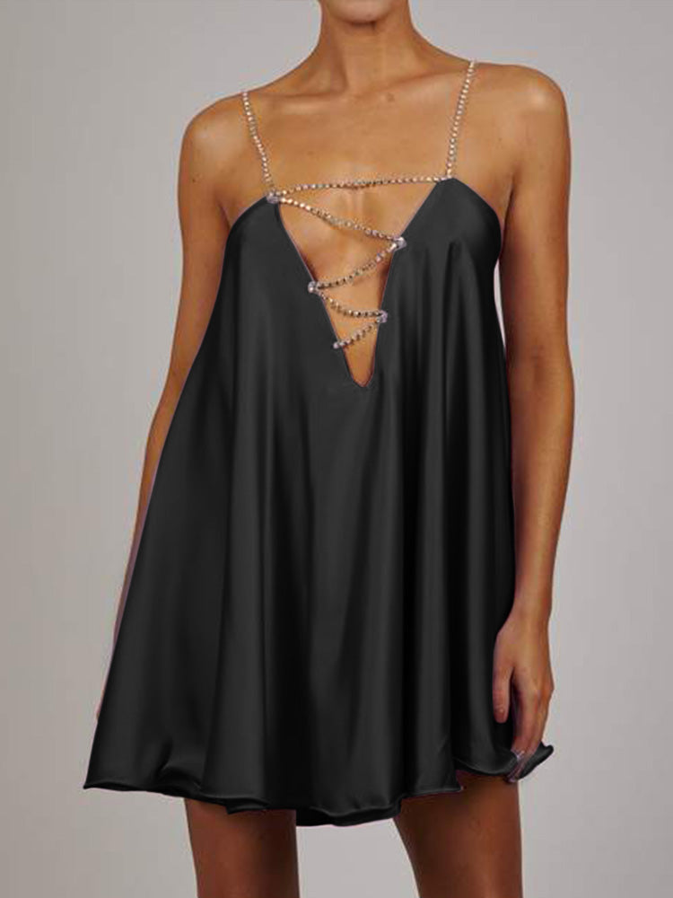 Diamond Chain Satin Swing Dress – Women’s Low Back Party & Club Dress with Crystal Straps