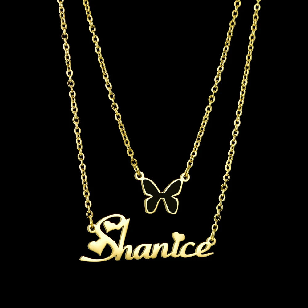 Atoztide Customized Name Necklace Butterfly Choker Stainless Steel Letter Double Layers Chain Pendant Jewelry for Women Gift