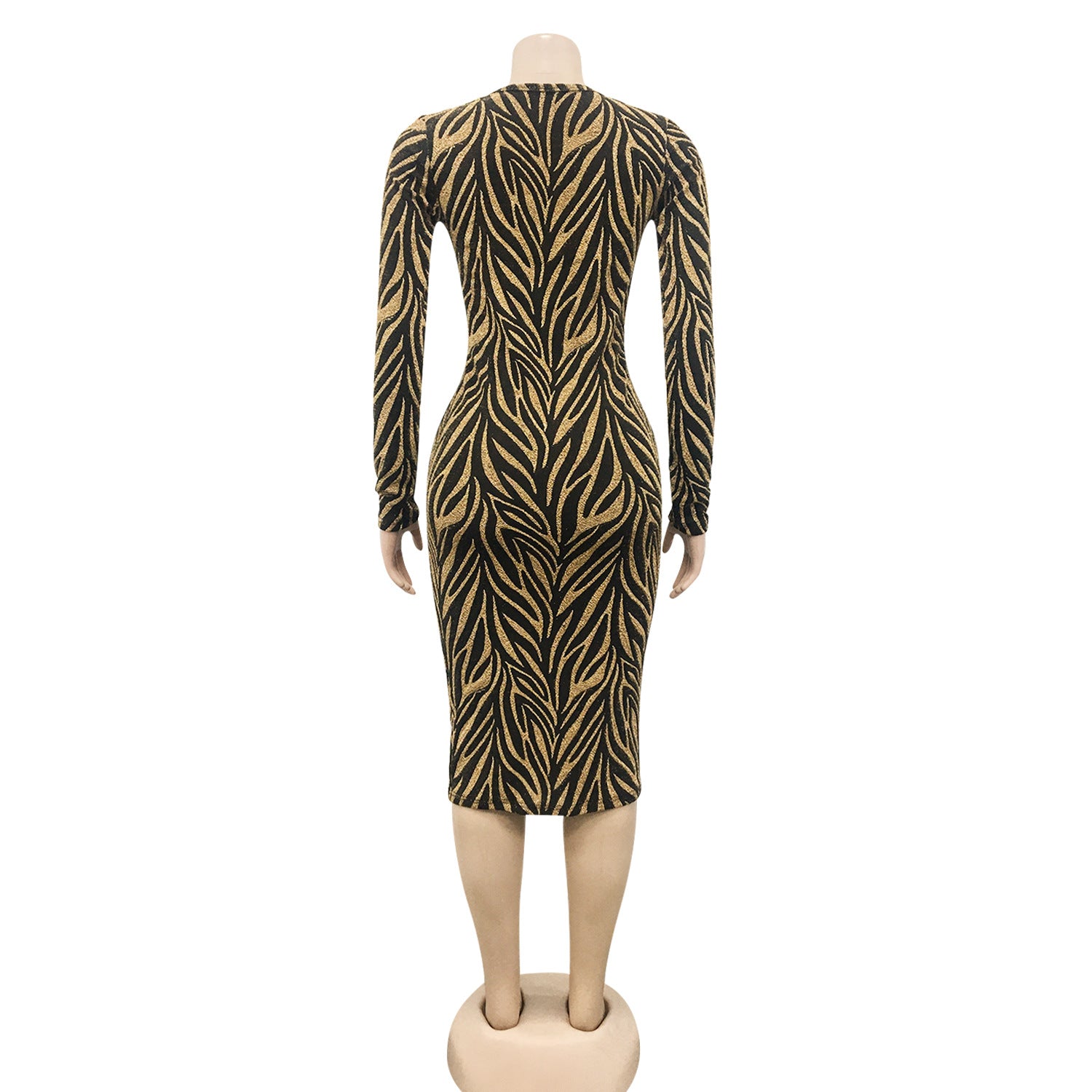 Women Featuer Print V-neck Long Sleeve Party Sexy Bodycon Midi Dress