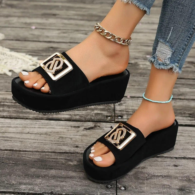 Women Luxury Decor Sandals Summer Black Outdoor Fashion Wedges Women's Slippers Office Party Elegant Sexy Platform High Heels