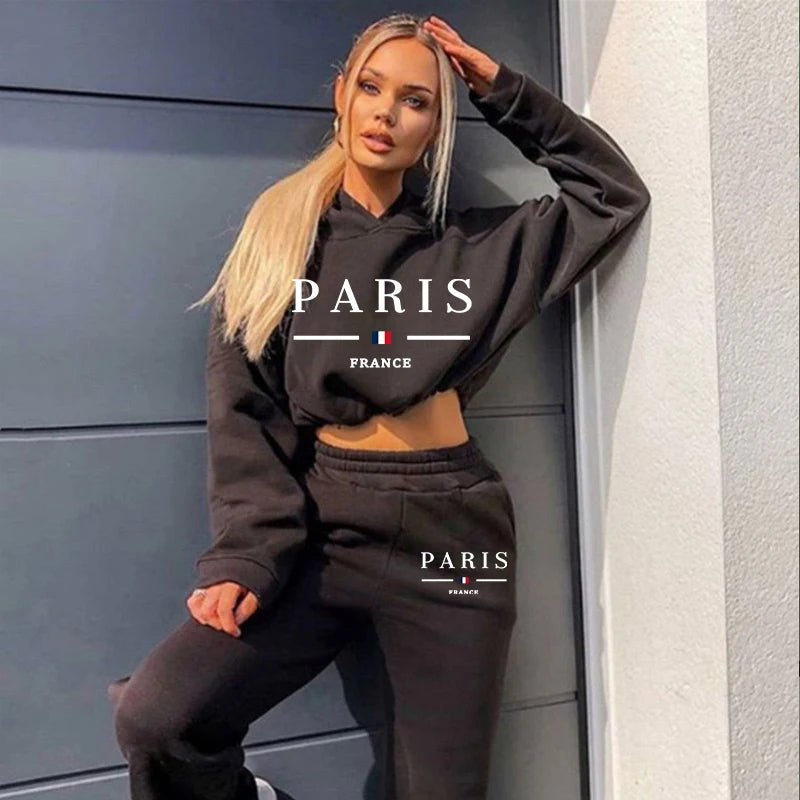 Paris Printed Womens Tracksuit Casual Short Hoodies Tunic+Trousers 2 Pcs Sets Sports Jogging Sweatshirts Outfits Women Pants Set
