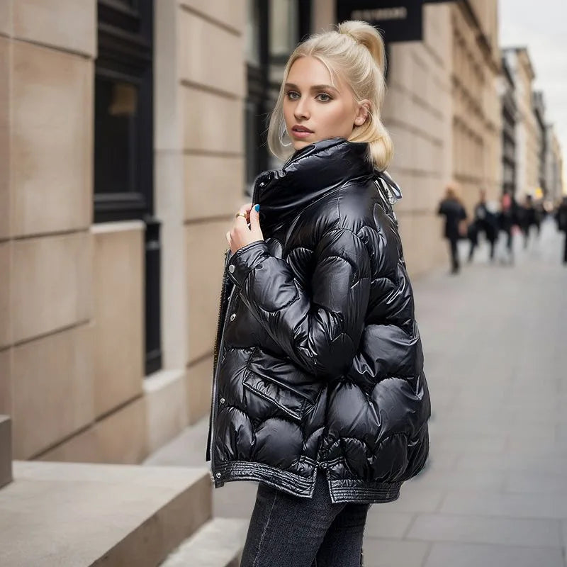 Short Glossy Puffer Jacket - Women's Quilted Coat with Color-Popping Style