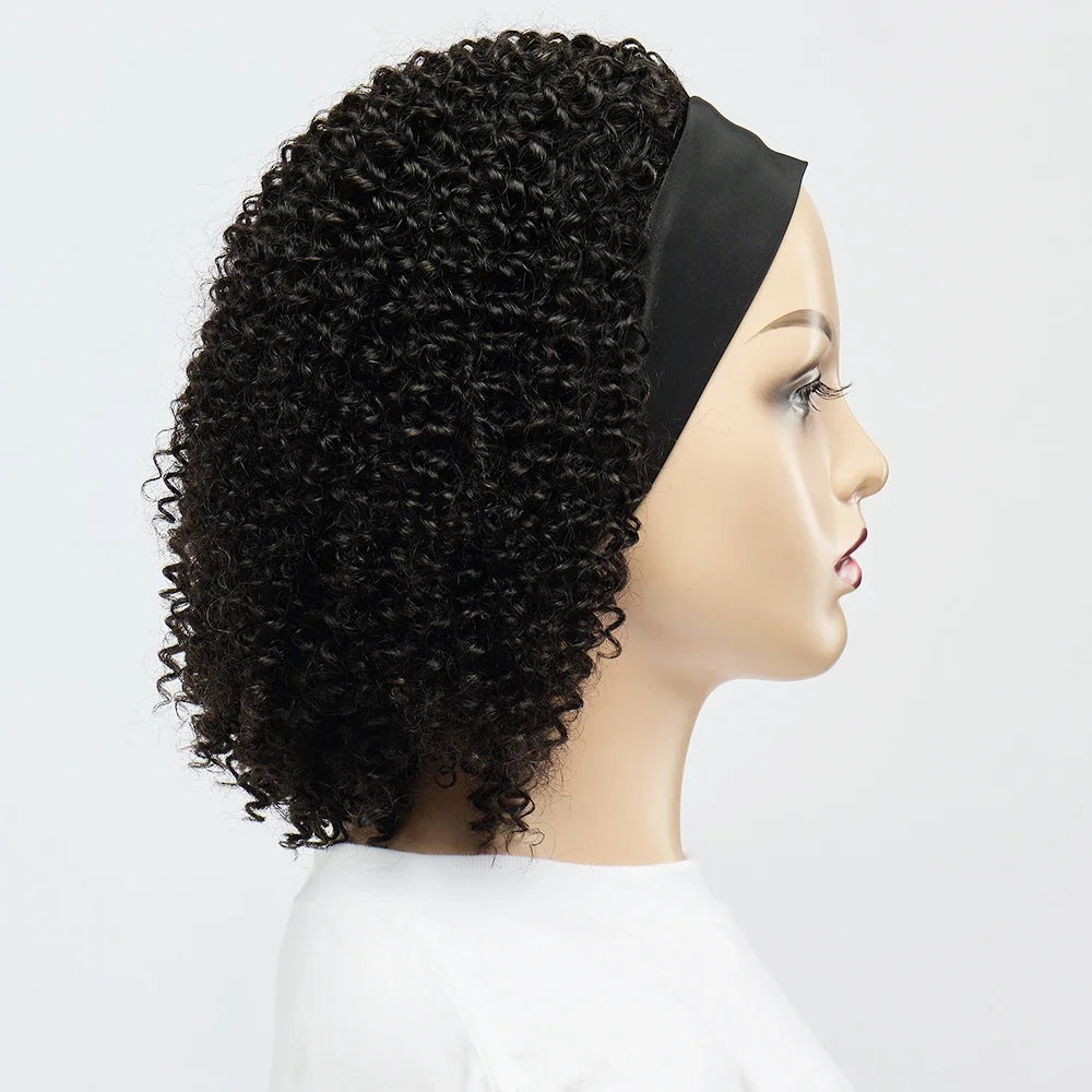 Short Kinky Curly Headband Wig – 100% Brazilian Human Hair, Full Machine Made Glueless Wig (Remy, Curly Wave)