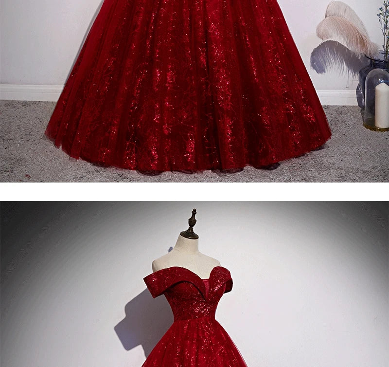 Red Evening Dress 2024 New Off The Shoulder Classic Elegant Ball Gown Sleeveless Sequined Tulle Banquet Shinning Host Customized