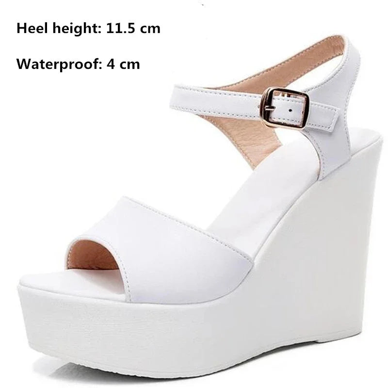 BEYARNENew Black White Fish Mouth Genuine Leather Sandals Wedges Platform High Heeled Sandals6 / 8 / 11Cm Big Size Women Sandals