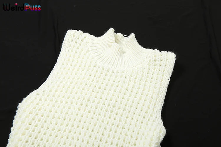 Weird Puss Crochet Dress Women Sexy Chic Y2K Summer Trend Tassel Hem Sleeveless Stretch Fashion Beach Vacation Clubwear Bodycon