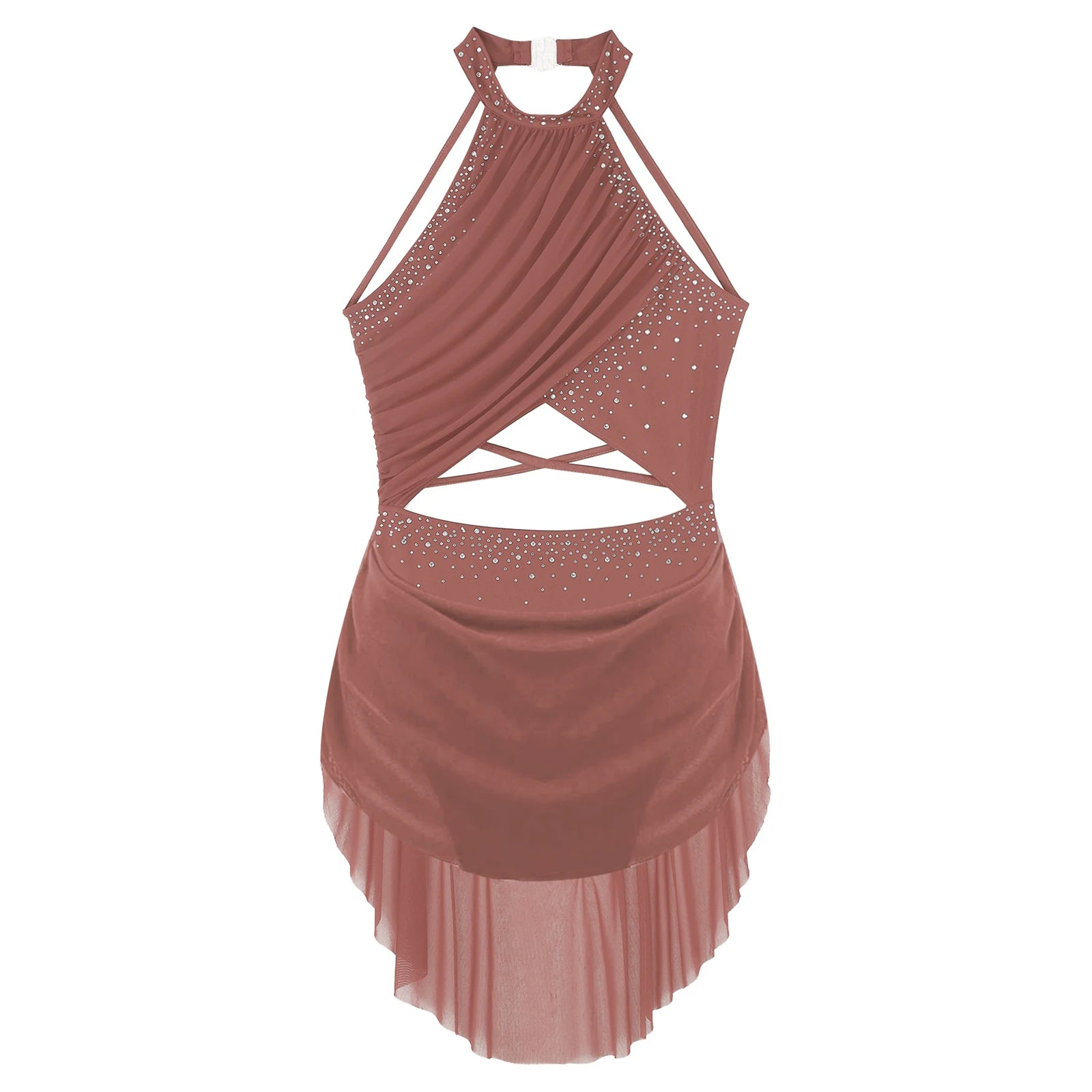 Womens Lyrical Dance Dress Performance Costume Cutout Strappy Backless Sheer Mesh Overlay Glittery Rhinestone Leotard Dress
