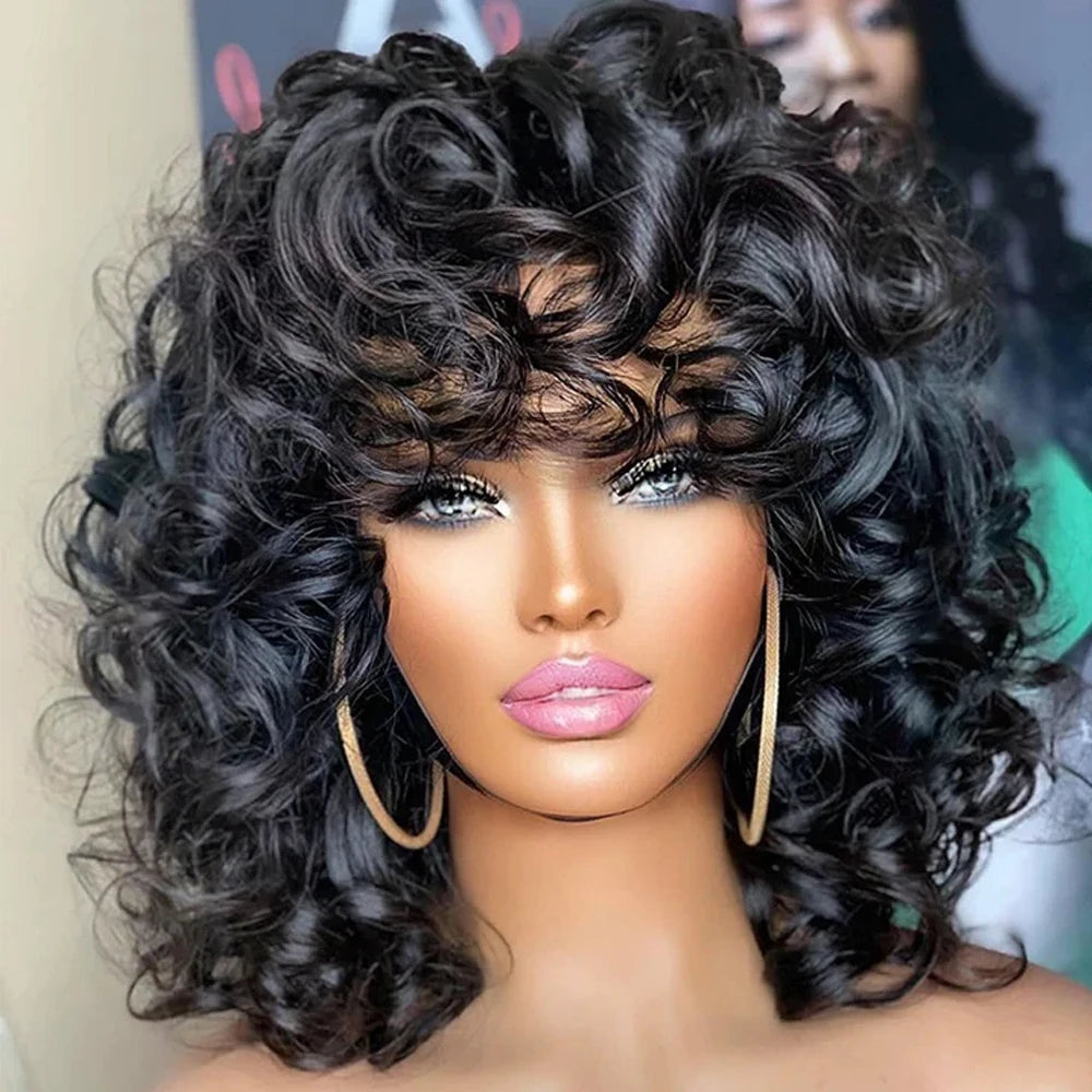 Short Curly Bob Wig with Bangs – 100% Brazilian Remy Human Hair, Glueless Machine-Made Afro Wig