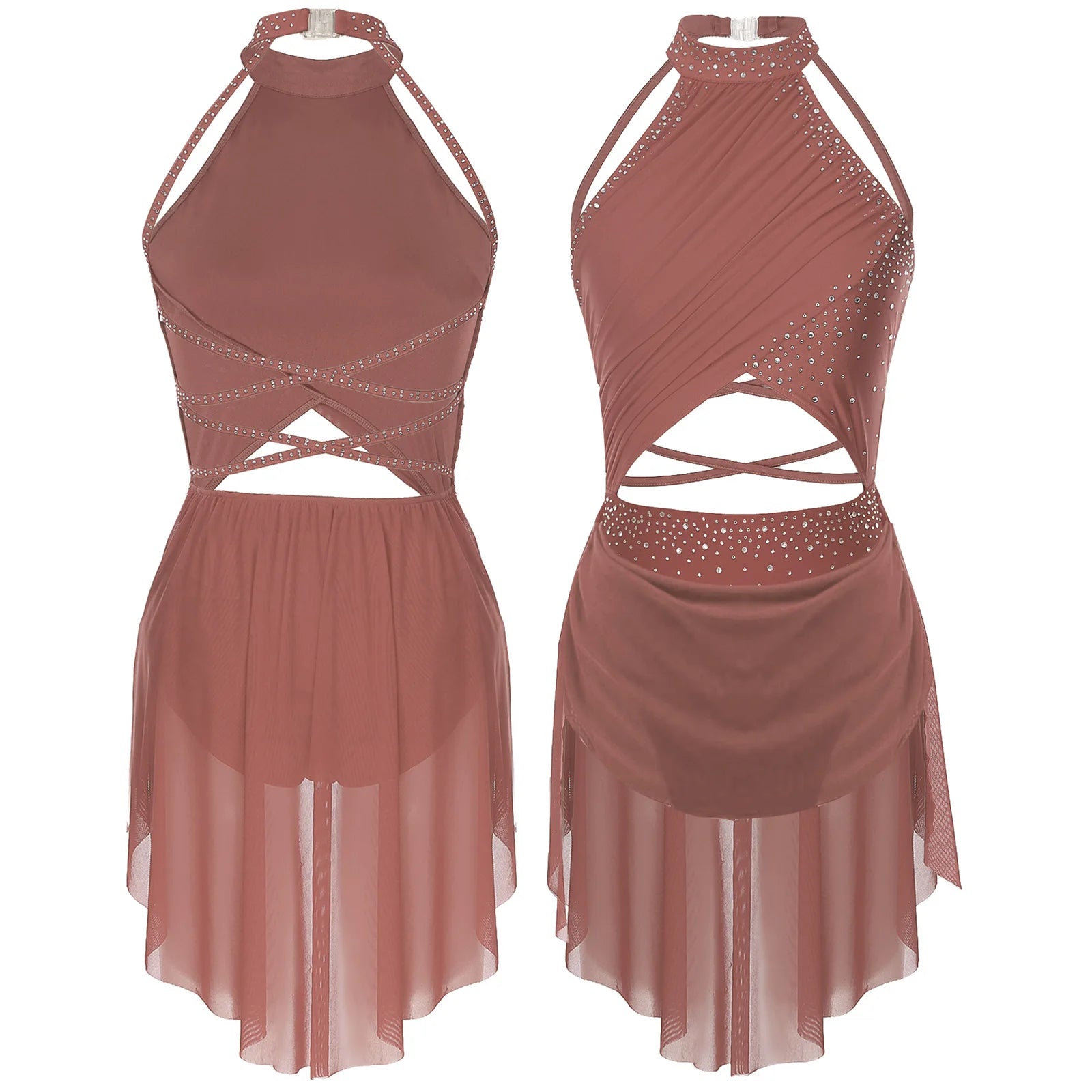Womens Lyrical Dance Dress Performance Costume Cutout Strappy Backless Sheer Mesh Overlay Glittery Rhinestone Leotard Dress