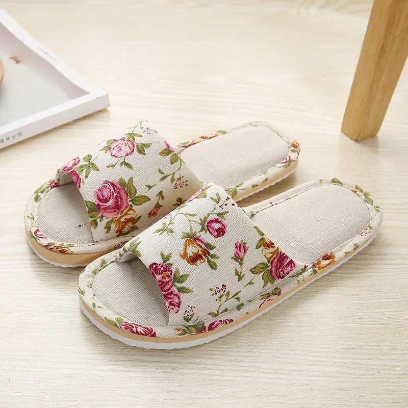 Four Season Linen Home Slippers – Women’s Indoor Non-Slip Floral Slides with Cartoon Cat Design