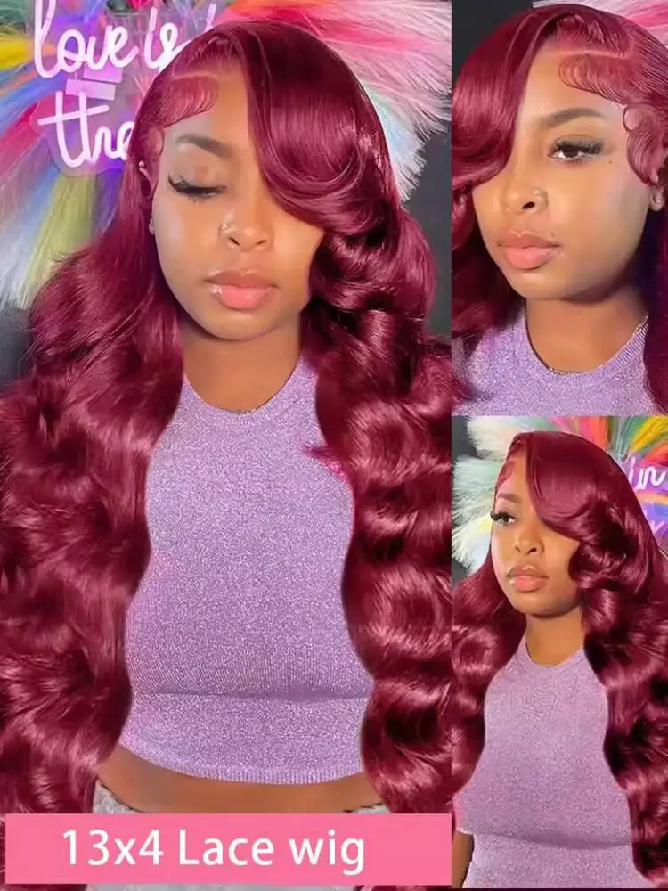 99J Burgundy 13x4 HDLace Front Human Hair Wigs For Women 200 Density Brazilian Body Wave Red Hair Lace Wigs Remy