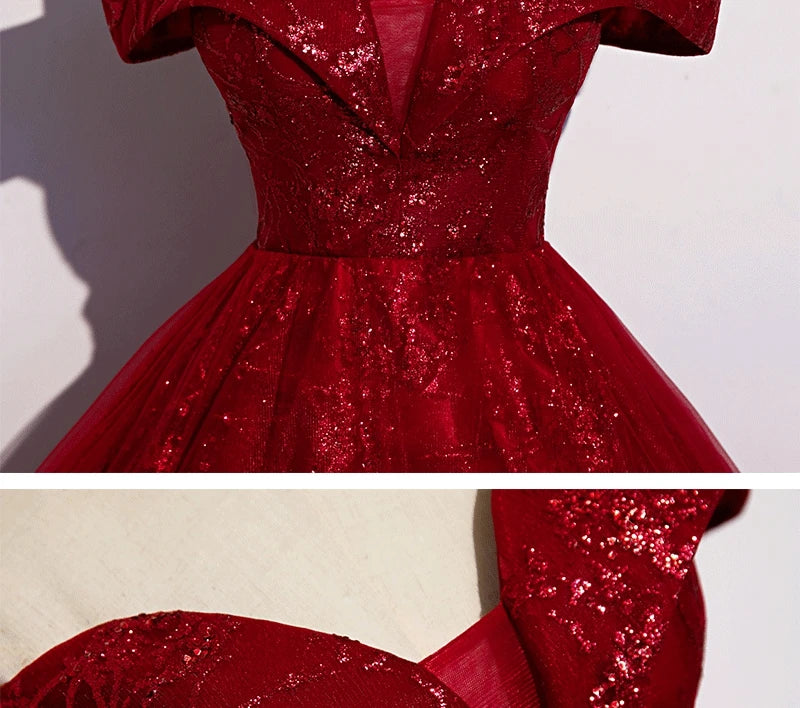 Red Evening Dress 2024 New Off The Shoulder Classic Elegant Ball Gown Sleeveless Sequined Tulle Banquet Shinning Host Customized