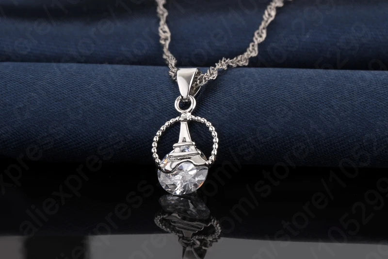 Female Shinny CZ Necklace/Earrings Set 925 Sterling Silver Tower Pendant Jewely Sets Party Gifts