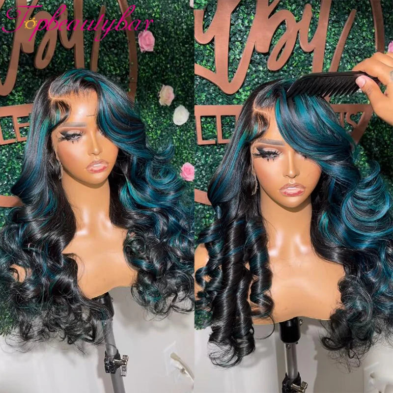 Highlight Blue Human Hair Wigs Transparent 13X4 Lace Front Wigs 180% Remy Brazilian Wavy Full Lace Wigs Preplucked