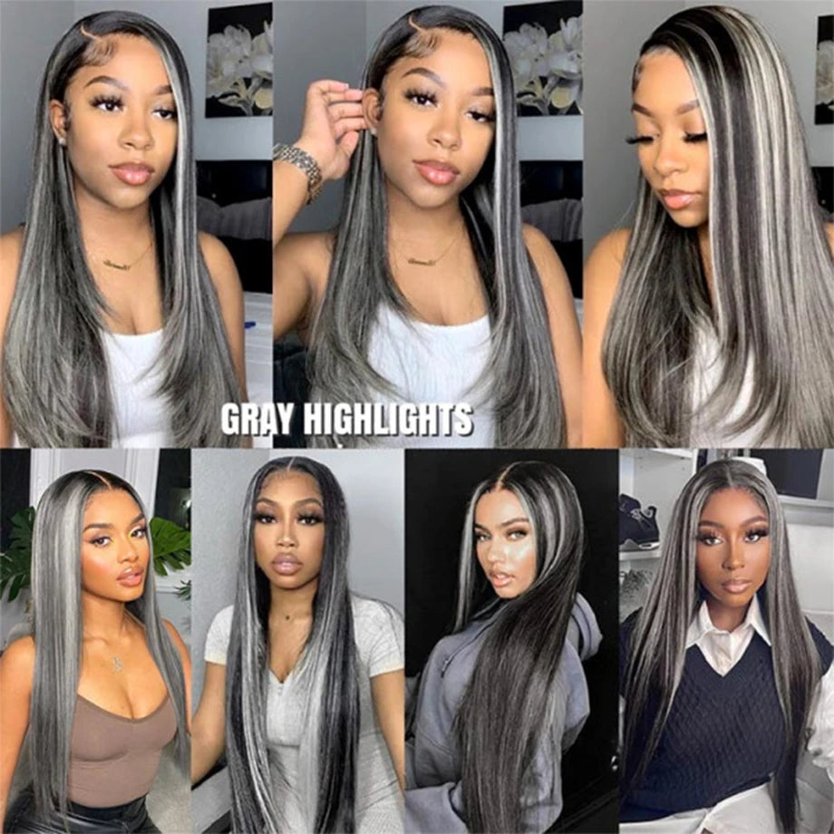 34Inch Straight Highlight Lace Frontal Wigs Human Hair Silver Grey And Black Colored Lace Front Wig For Women HD Transparent
