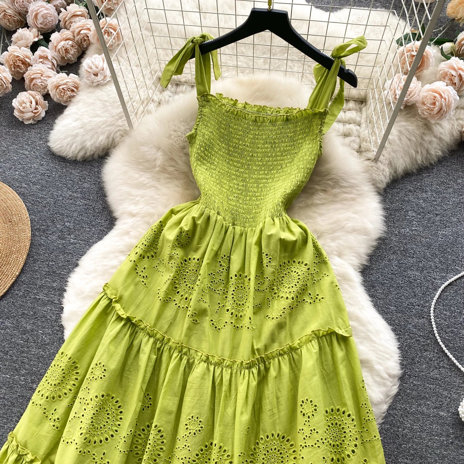 Elegant Sexy Backless High Waist embroidery Slip Dress Fairy A-line Summer Beach Vacation Slim Women Evening Party Dress