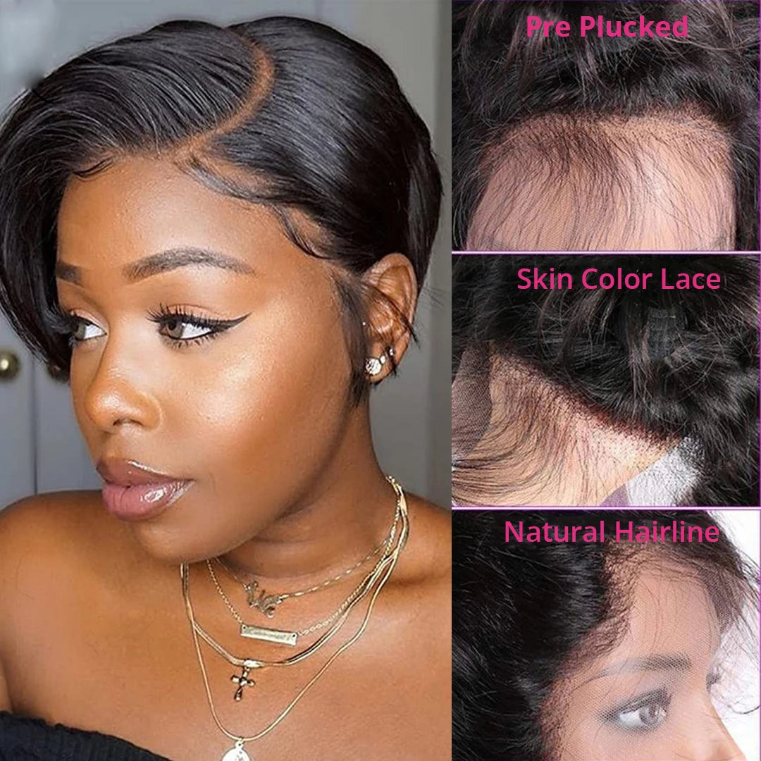 Short Pixie Cut Wigs Straight Human Hair Bob Wigs Brazilian 13*1 Transparent Lace Front Wigs For Women Natural Color