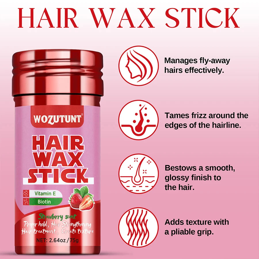 Strawberry Hair Wax Stick – Vitamin E Styling Pomade for Frizz Control & Texture