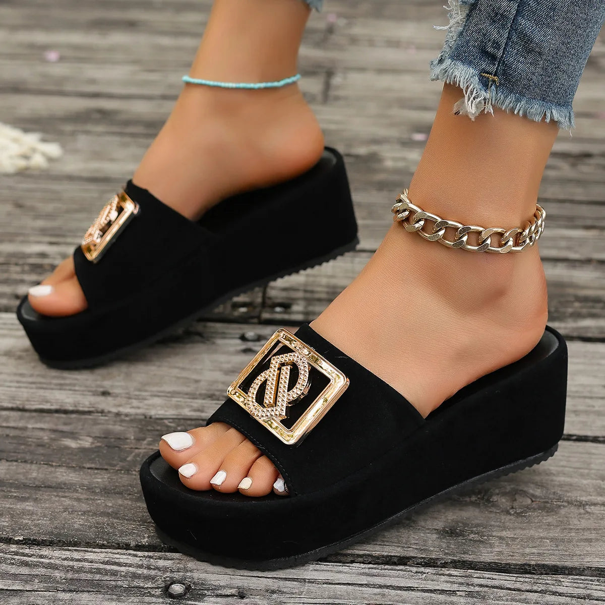 Women Luxury Decor Sandals Summer Black Outdoor Fashion Wedges Women's Slippers Office Party Elegant Sexy Platform High Heels