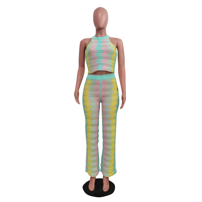 Women’s Knitted Striped 2-Piece Set – Sleeveless Crop Top & Flare Pants Summer Outfit
