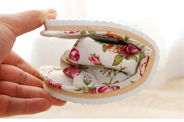Four Season Linen Home Slippers – Women’s Indoor Non-Slip Floral Slides with Cartoon Cat Design