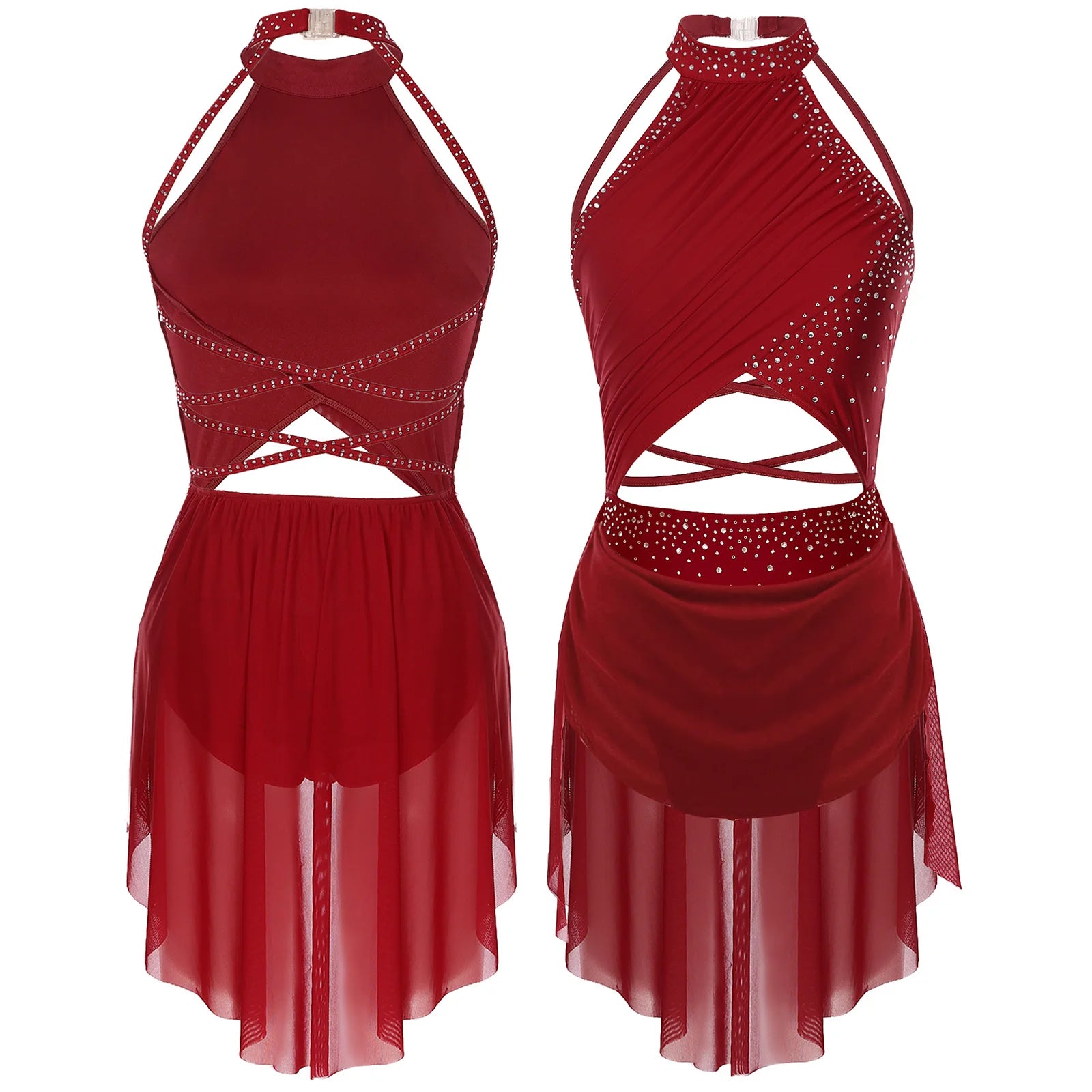 Womens Lyrical Dance Dress Performance Costume Cutout Strappy Backless Sheer Mesh Overlay Glittery Rhinestone Leotard Dress