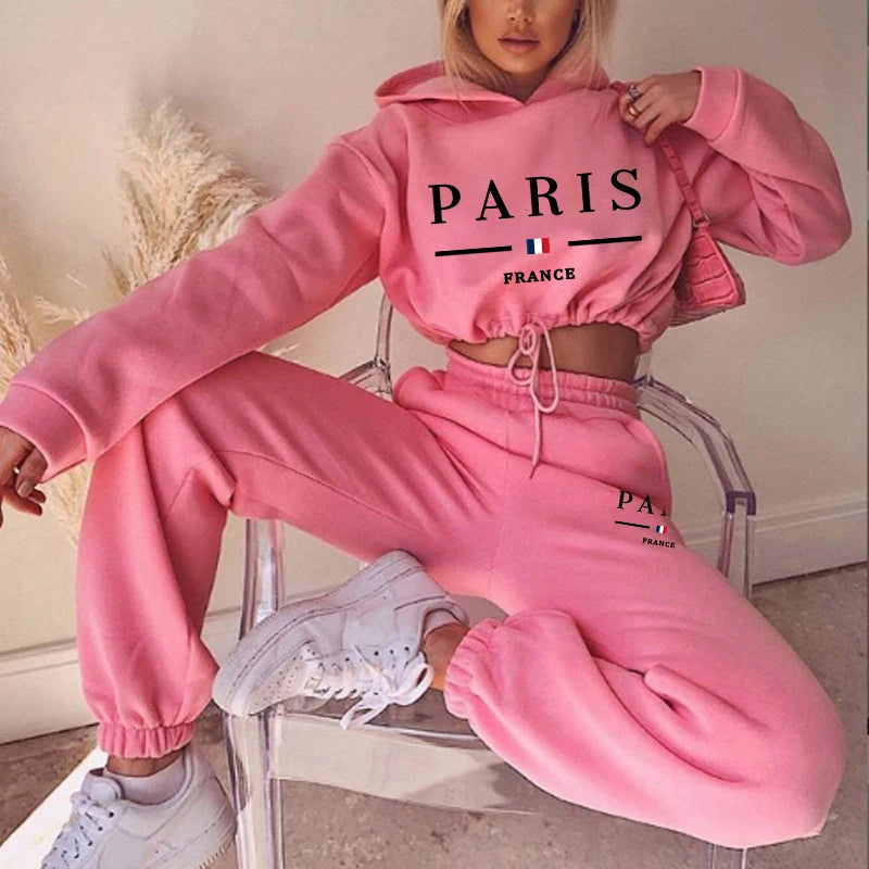 Paris Printed Womens Tracksuit Casual Short Hoodies Tunic+Trousers 2 Pcs Sets Sports Jogging Sweatshirts Outfits Women Pants Set