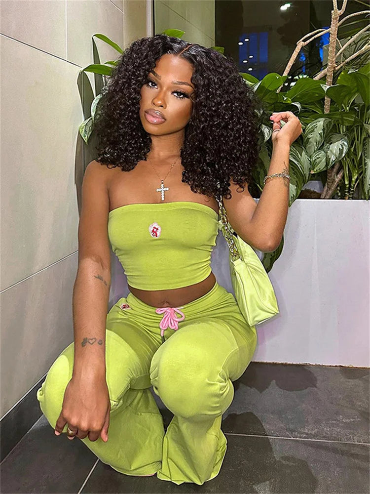 Simenual Y2K Green Floral Two-Piece Set – Strapless Tube Top & Flare Pants Co-ord Outfit