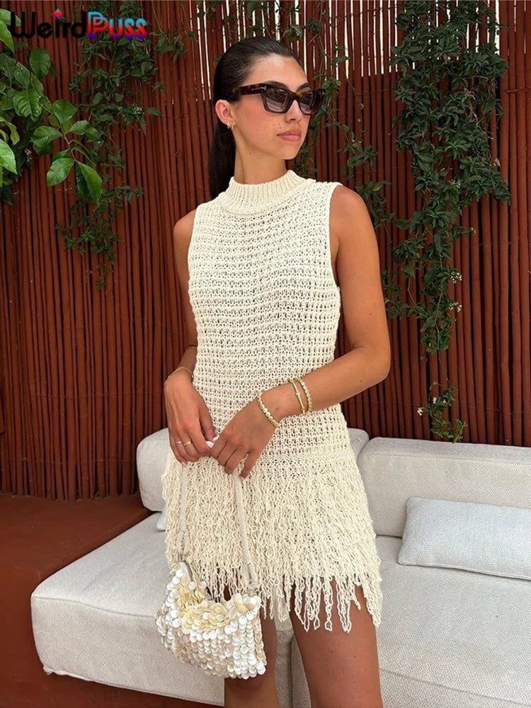 Weird Puss Crochet Dress Women Sexy Chic Y2K Summer Trend Tassel Hem Sleeveless Stretch Fashion Beach Vacation Clubwear Bodycon