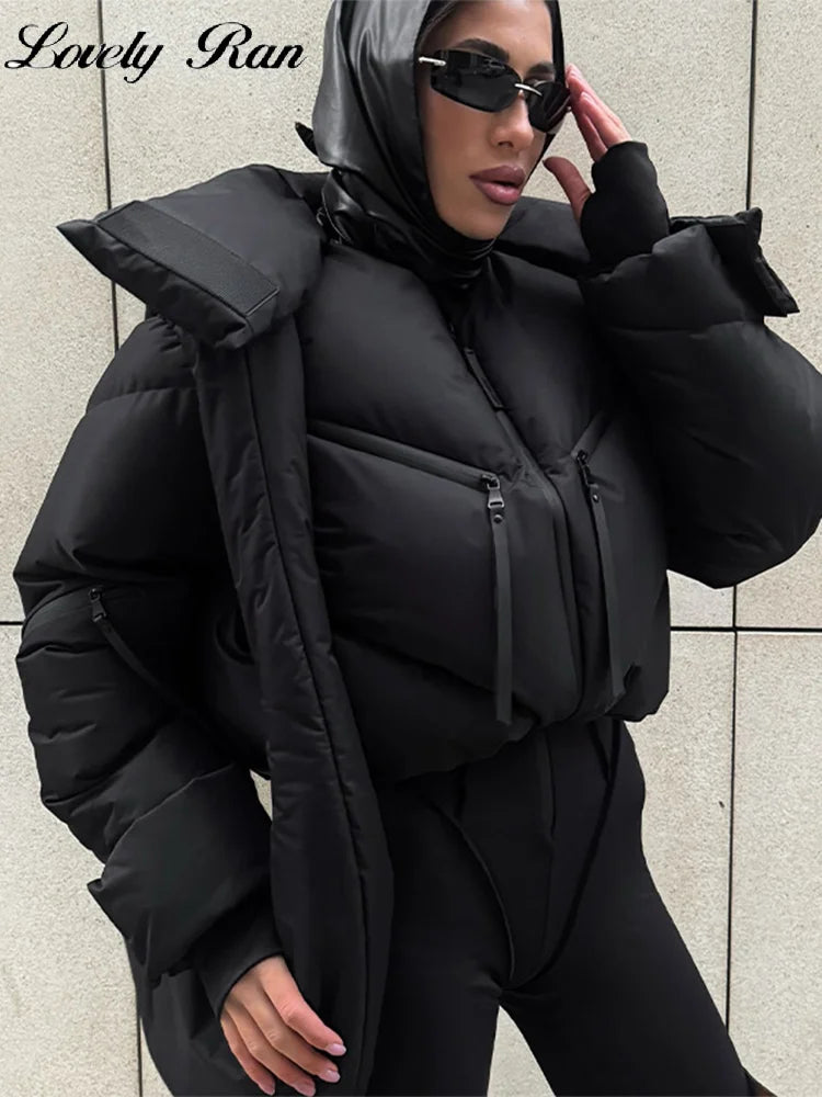Street Thicken Cotton Women Short Coat Long Sleeve Zippers Pocket Pocket Stand Female