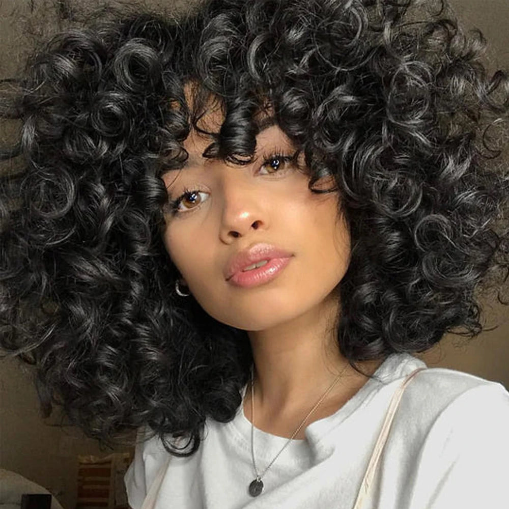 Short Curly Bob Wig with Bangs – 100% Brazilian Remy Human Hair, Glueless Machine-Made Afro Wig