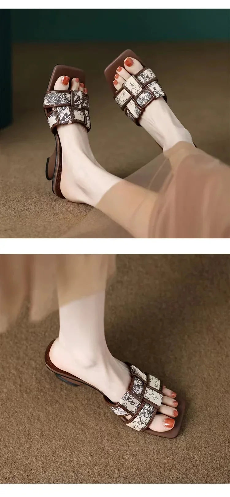 Women’s High Heel Slippers New Summer Fashion Braided Ladies Elegant Sandals Stiletto Square Toe Slip-On Comfy Casual Shoes