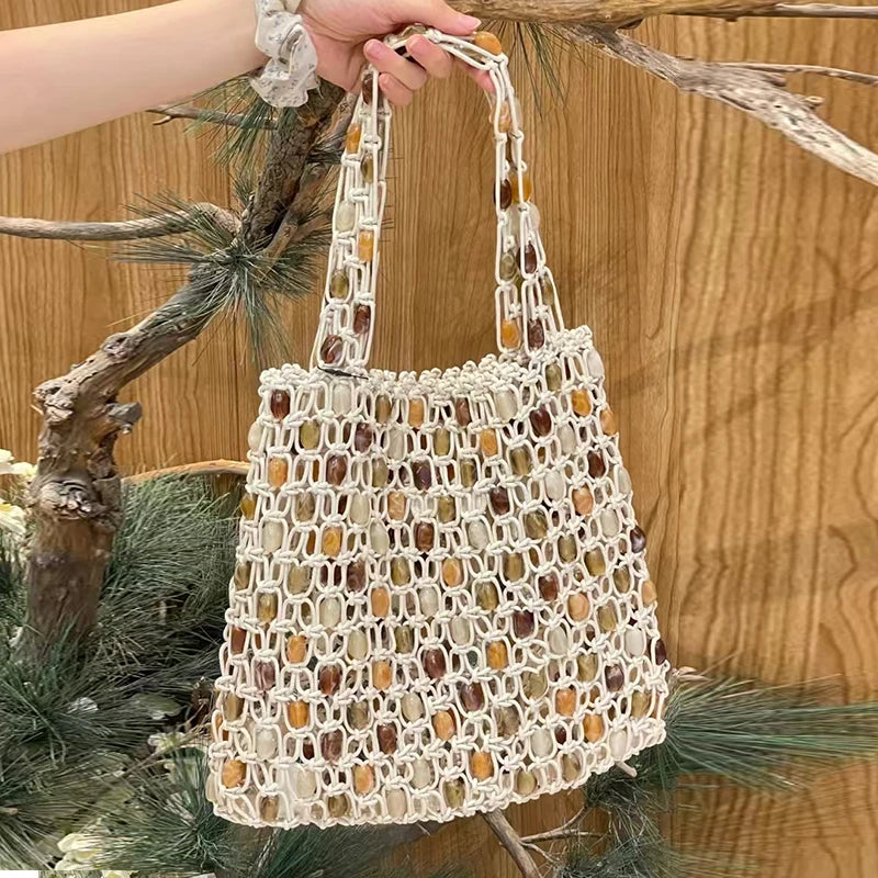 Handmade Shell Embroidery Woven Tote Bag – Luxury Straw Bucket Handbag with Wooden Handle