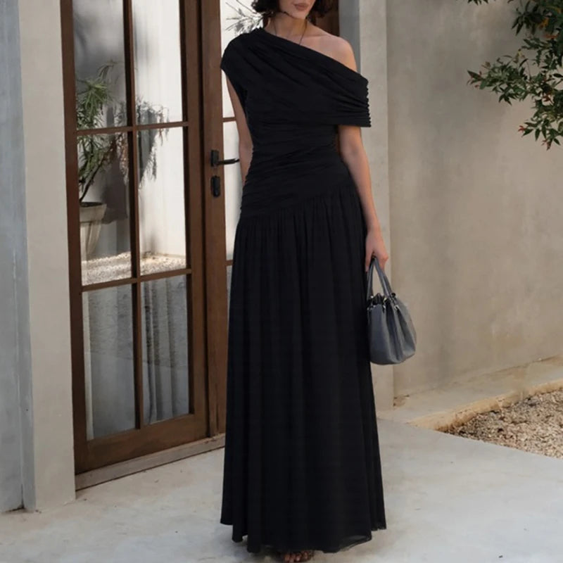 ELSVIOS Women’s High Waist Pleated Maxi Dress – Sexy One Shoulder Summer Party Dress