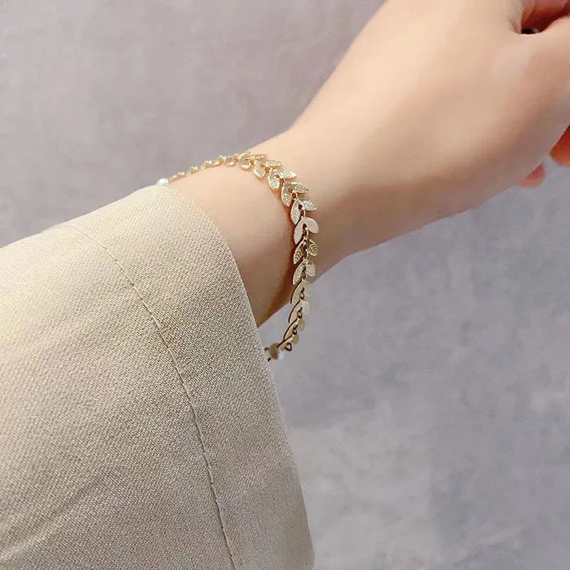 Simple Wheat Ear Pearl Bracelet Necklace Earrings Jewelry Set for Women Temperament Lucky Gold Color Bracelet Charm Jewelry