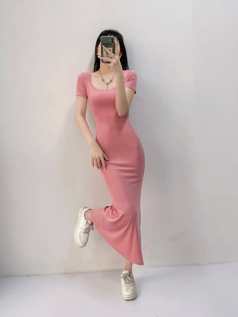Long Dresses Women Solid Simple Elegant Partywear Gentle Trumpet Vestidos Slim French Vintage Night Club Temper Womens Daily