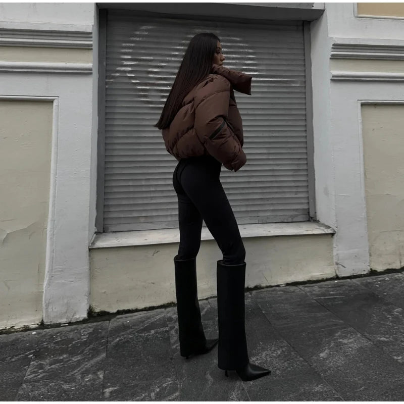 Street Thicken Cotton Women Short Coat Long Sleeve Zippers Pocket Pocket Stand Female