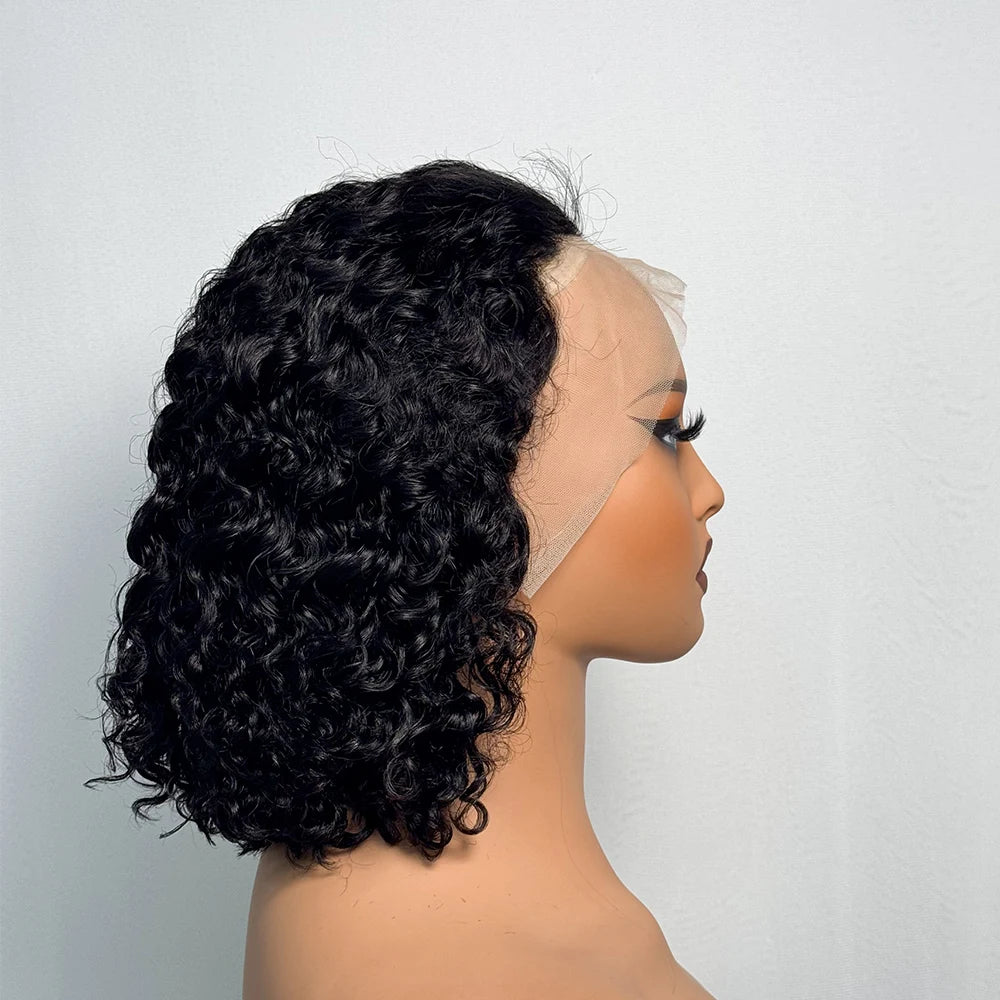 250% Density Double Drawn 12A 10 Inches Bob Pixie Cut Water Wave Curly Human Hair Wig 13x4 Transparent Lace Front Human Hair Wig