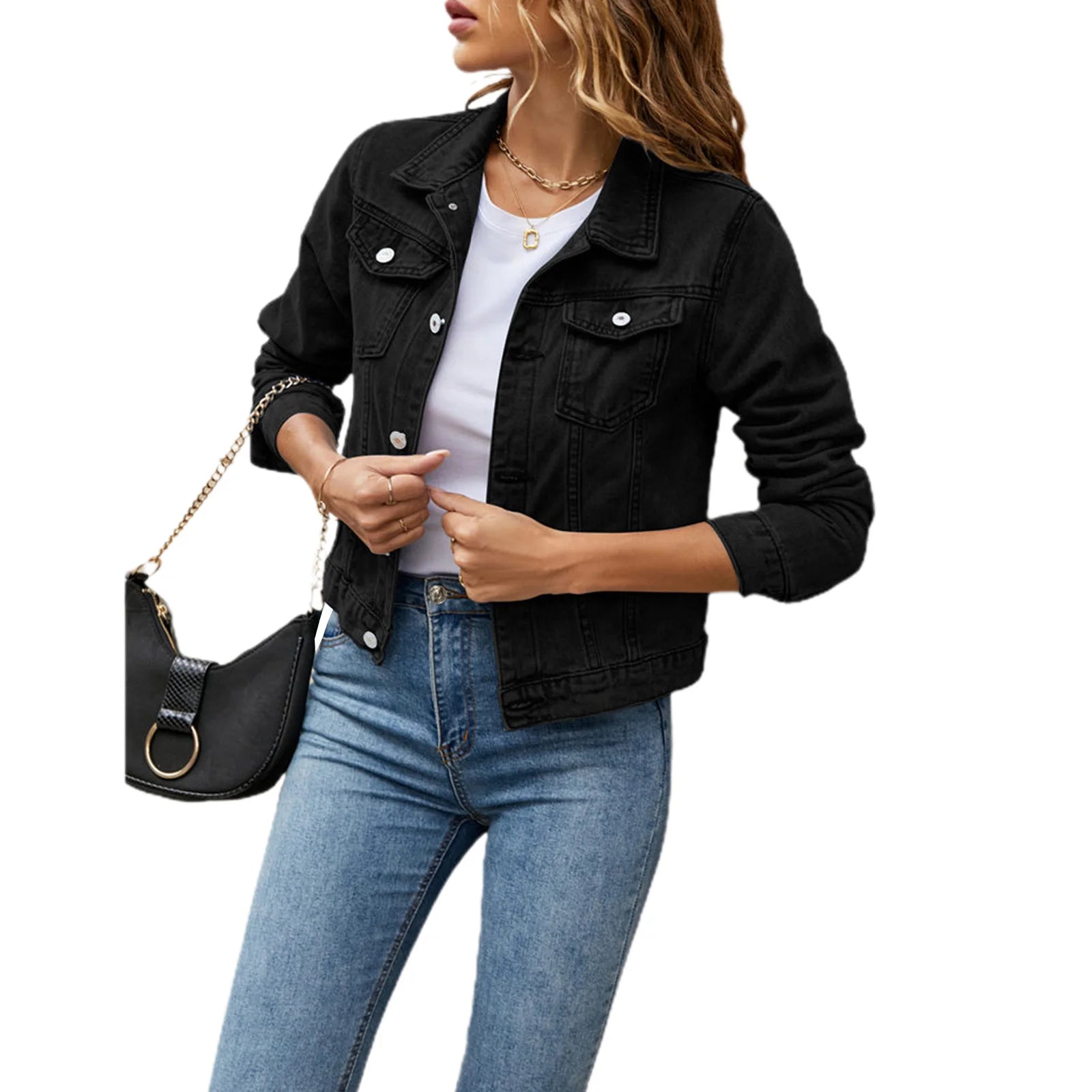 Women's Denim Jackets Fashion Female Casual Long Sleeve Lapel Solid