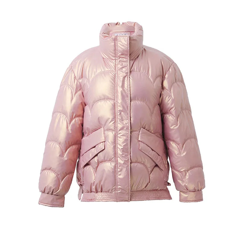 Short Glossy Puffer Jacket - Women's Quilted Coat with Color-Popping Style